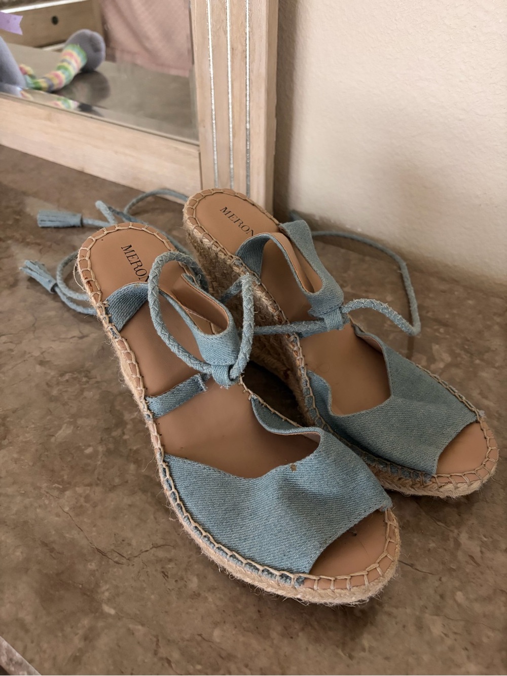 Light Blue Espadrille Lace-Up Wedge Sandals